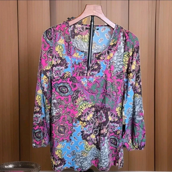 Lucky Brand Womens Floral Boho Tunic Top Size M Paisley Floral Pink - Picture 2 of 11